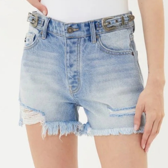 KanCan, Side Belt High Rise Cut-off Distressed Denim Jean Shorts, Size 9 28 - Picture 1 of 8